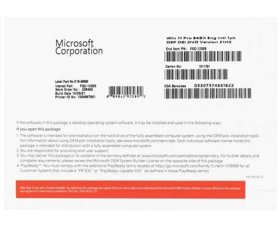  Операционная система Microsoft Windows 11 Pro (FQC-10528) 64Bit Eng Intl 1pk DSP OEI DVD 