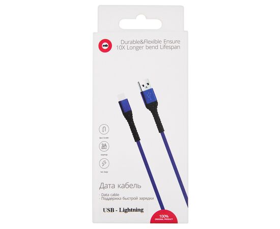  Дата-кабель mObility USB – Lightning, 3А, тканевая оплетка, синий 