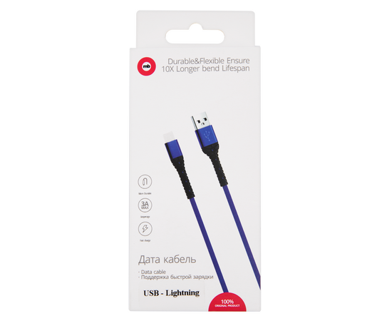  Дата-кабель mObility USB – Lightning, 3А, тканевая оплетка, синий 