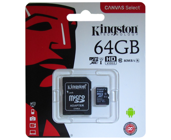  Карта памяти Kingston microSDXC 64GB UHS-I Class 10 U1 A1 Canvas Select Plus 100MB/s (SDCS2/64GBSP) 