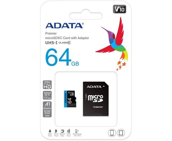  Карта памяти ADATA Micro SDXC 64GB Class10 W/A AUSDX64GUICL10A1-RA1 