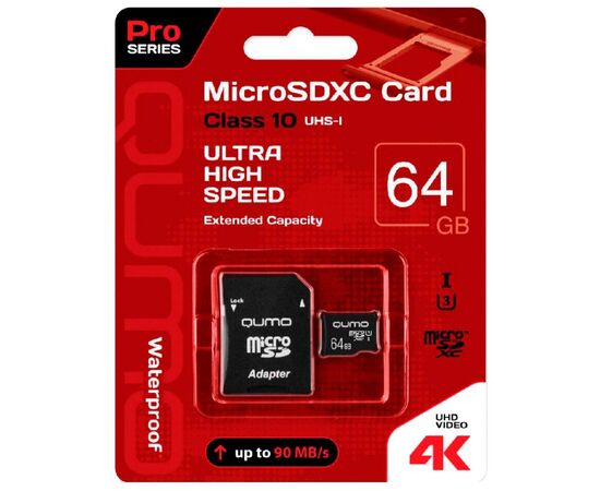  Карта памяти Qumo 64GB QM64GMICSDXC10U3 90/45 МБ/с UHS-I U3, Pro seria 3.0 с адаптером SD 