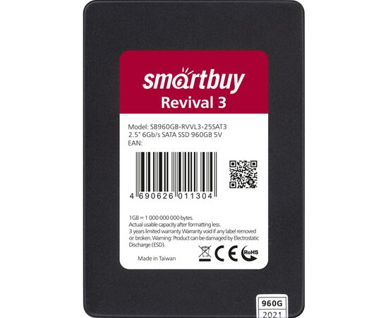  Внутренний SSD  Smart Buy  960GB  Revival 3, SATA-III, R/W - 550/480 MB/s, 2.5", Phison PS3111-S11T, TLC 3D NAND 