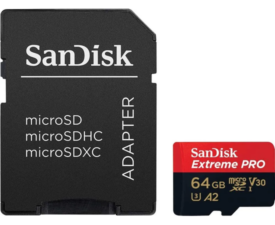  MicroSD  64GB  SanDisk Class 10 Extreme Pro A2 V30 UHS-I U3 (200 Mb/s) + SD адаптер 