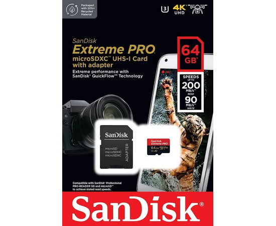  MicroSD  64GB  SanDisk Class 10 Extreme Pro A2 V30 UHS-I U3 (200 Mb/s) + SD адаптер 